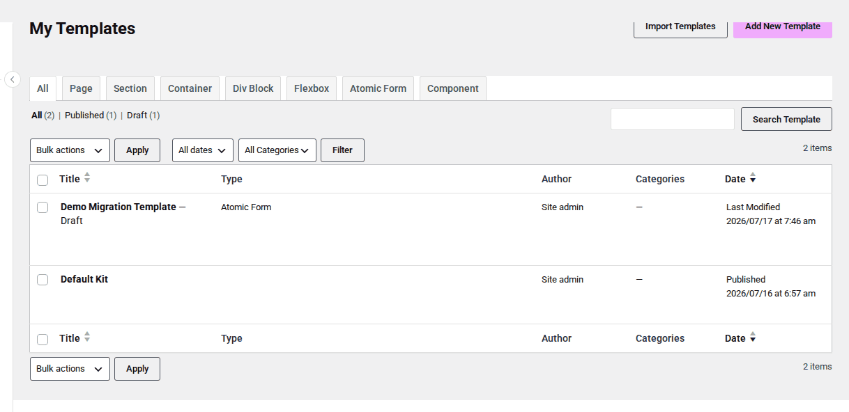 Elementor templates list in WordPress admin