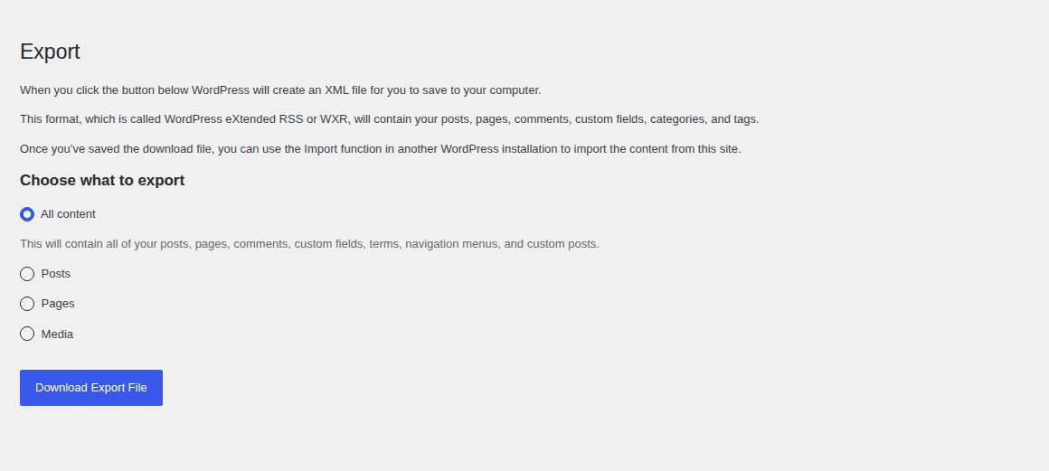 WordPress export screen before creating staging