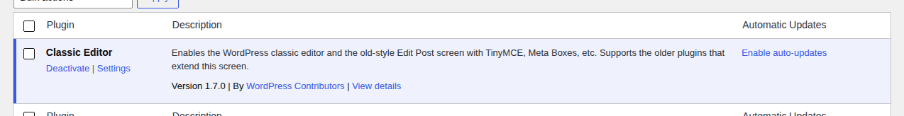 Installed Plugins table showing the active plugin version