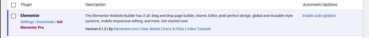 WordPress plugins list showing Elementor version and status