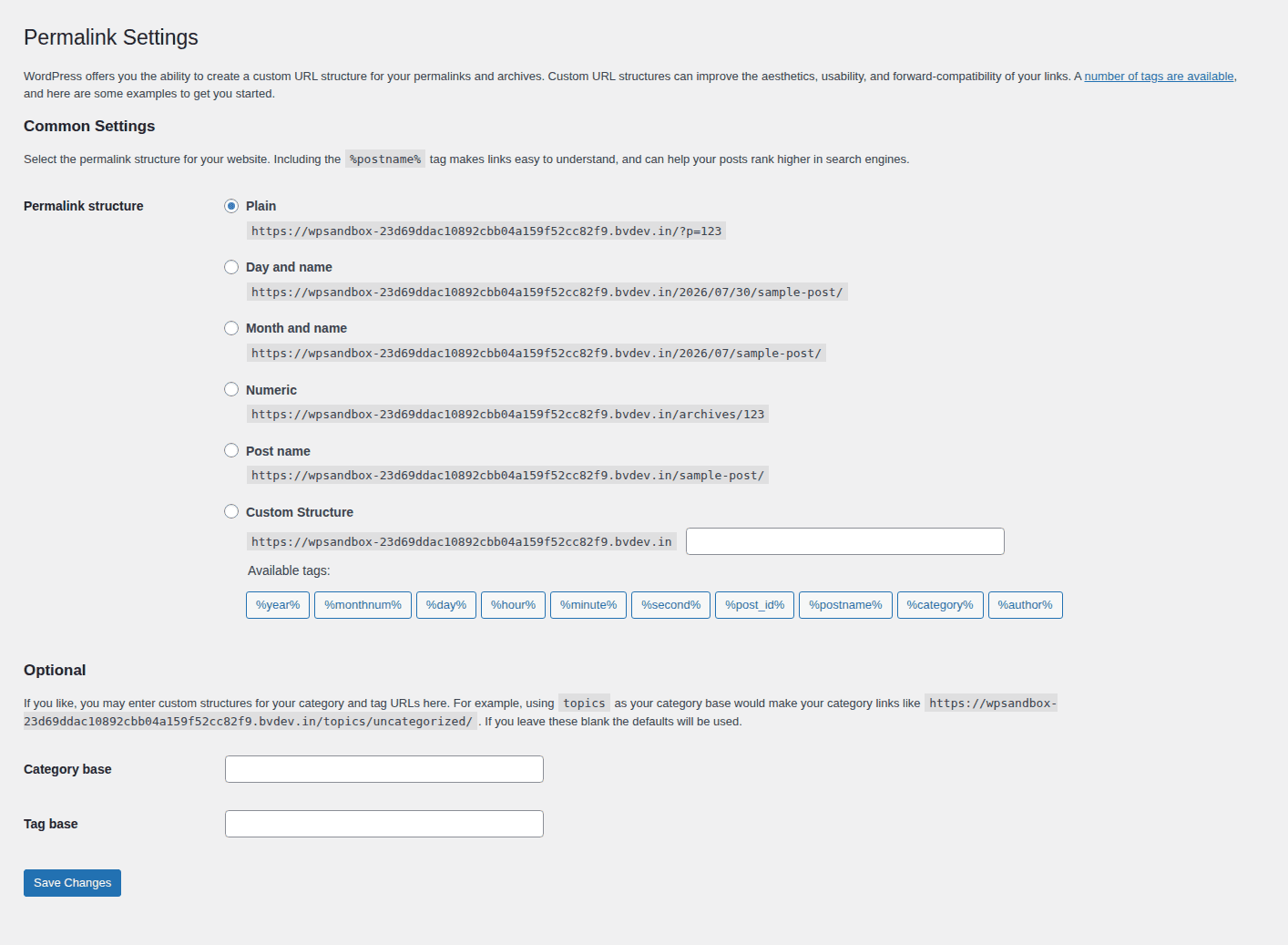 WordPress Permalink Settings screen with Save Changes button