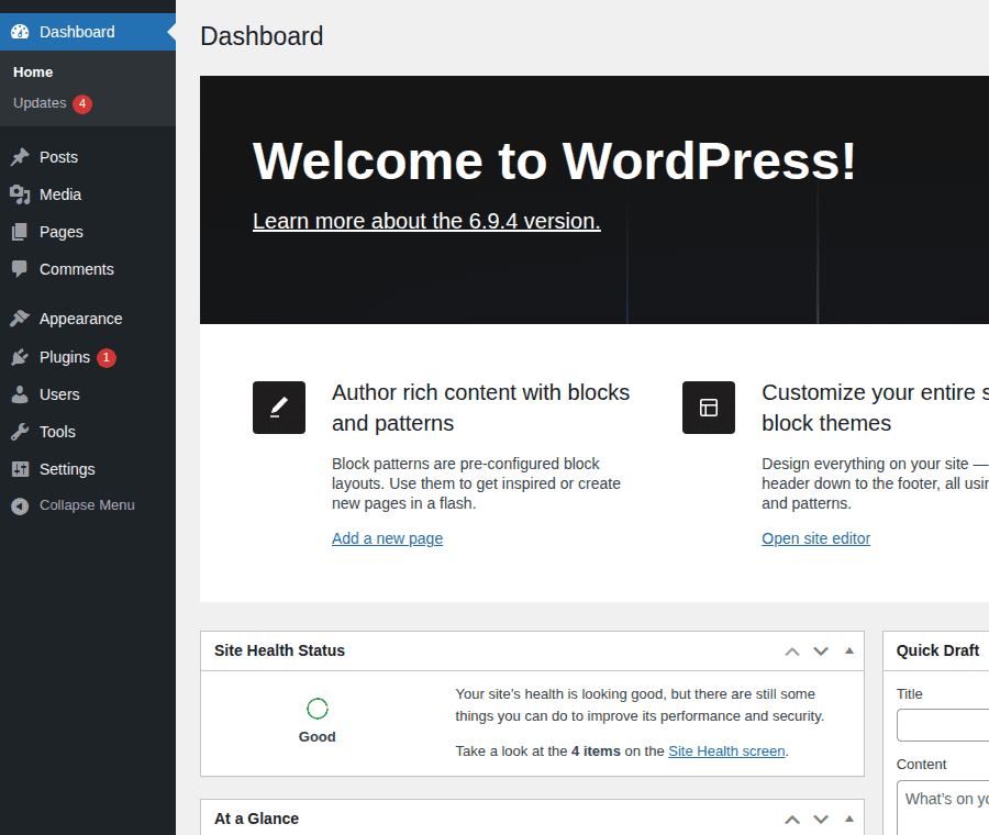 WordPress admin menu showing dashboard tools and settings access