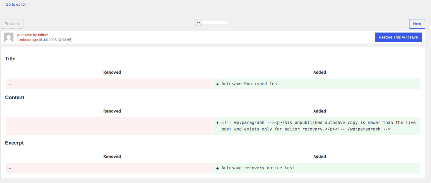 WordPress revisions screen comparing an autosaved version