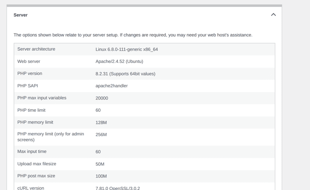 Site Health Info server panel showing PHP and server limits