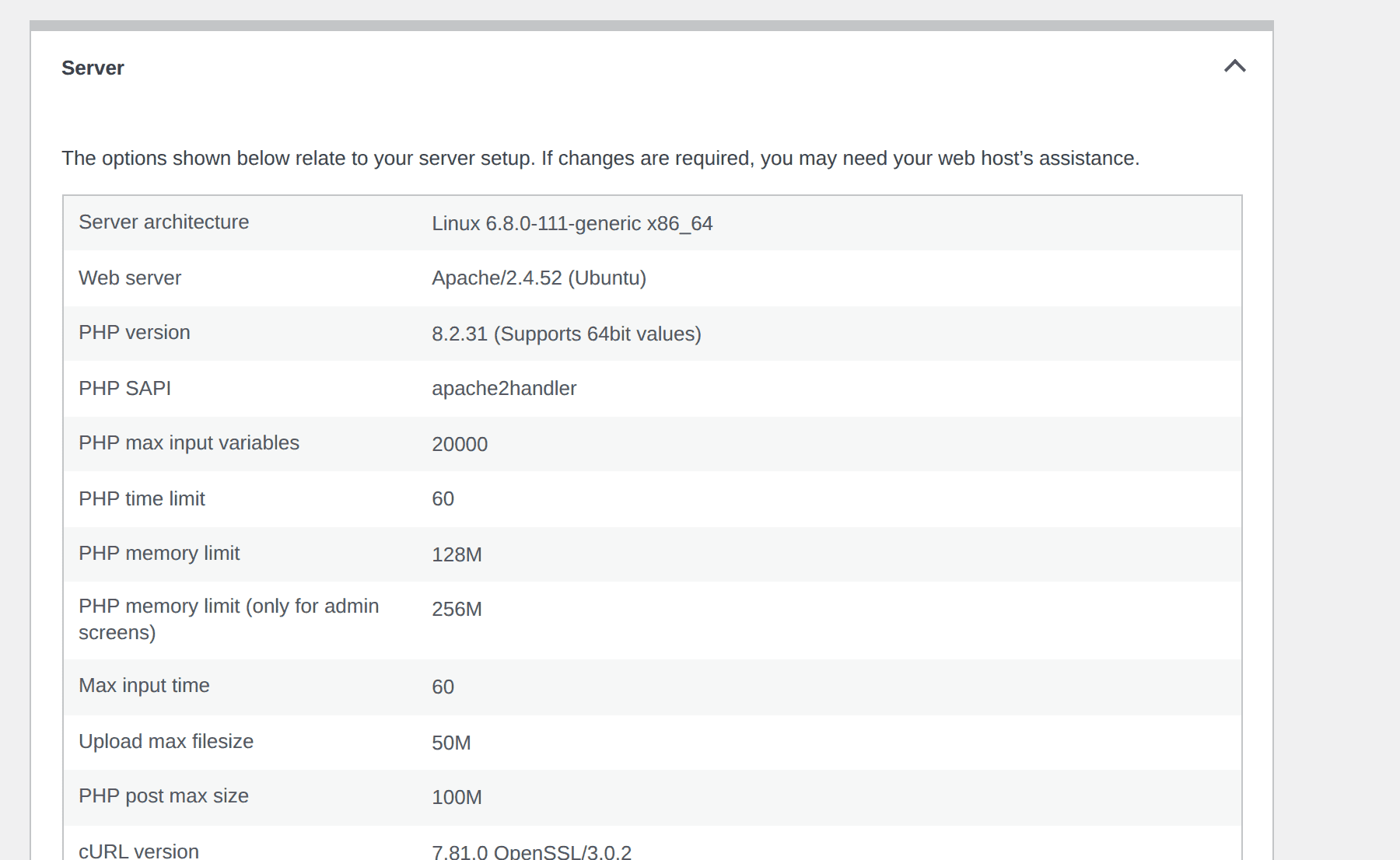 Site Health Info server panel showing PHP and server limits