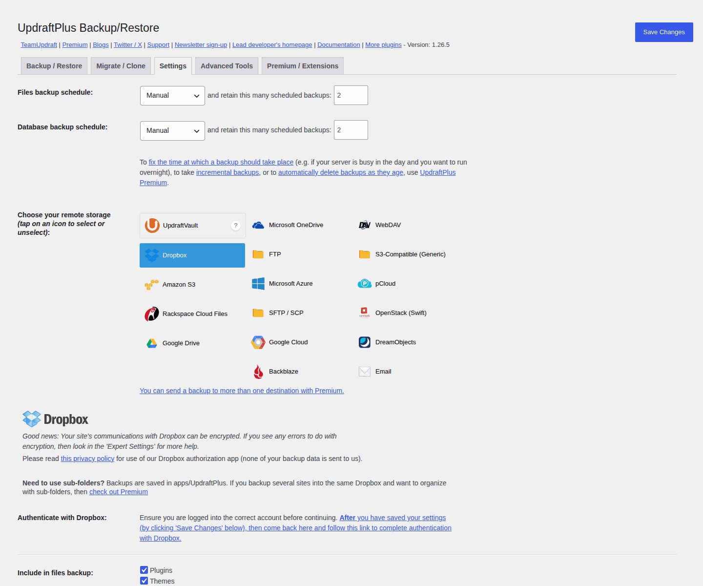 UpdraftPlus Dropbox remote storage setting