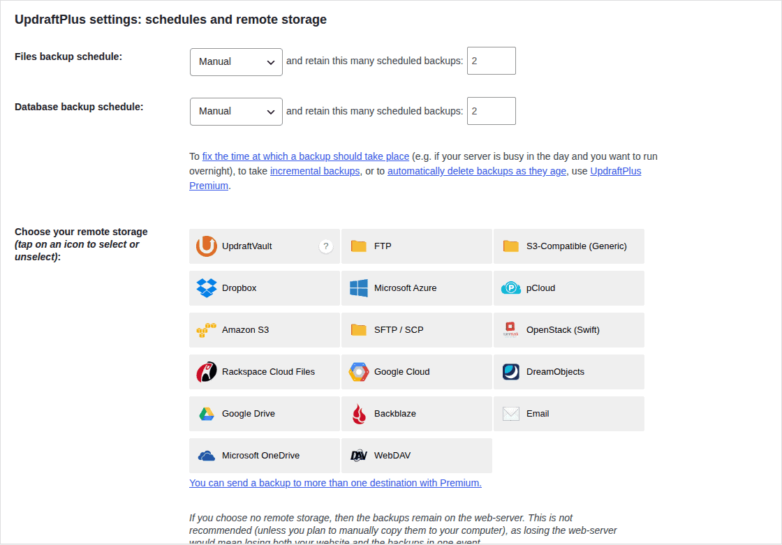 UpdraftPlus backup schedule and remote storage settings