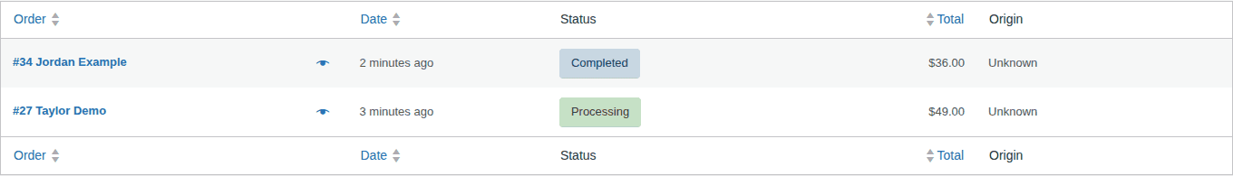 WooCommerce orders list with recent demo orders