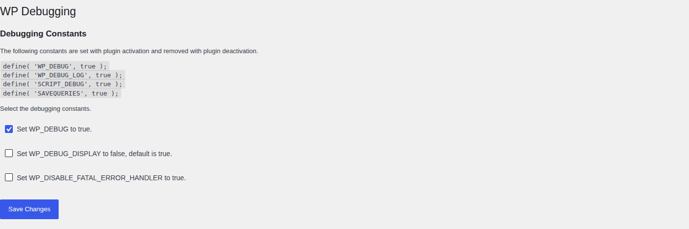 WP Debugging plugin settings page for debug constants