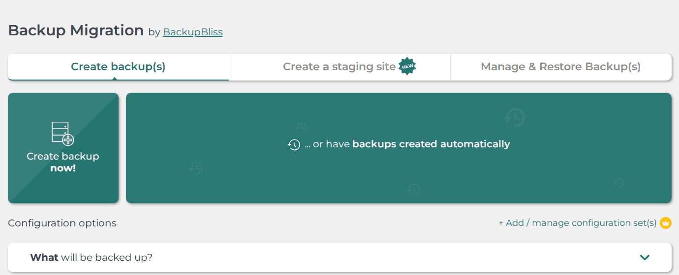 Backup Migration dashboard actions