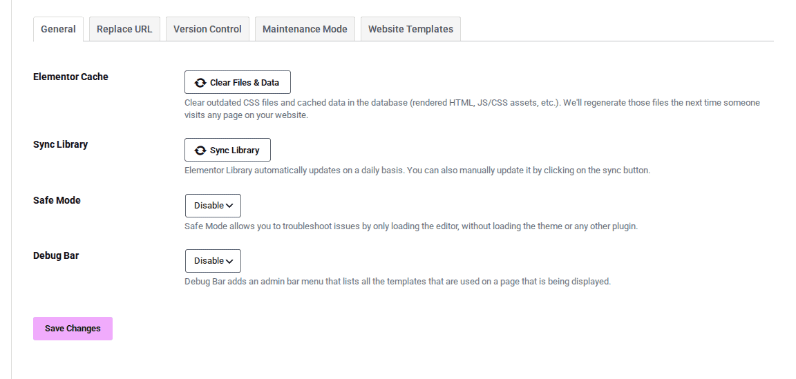 Elementor tools maintenance screen in WordPress admin