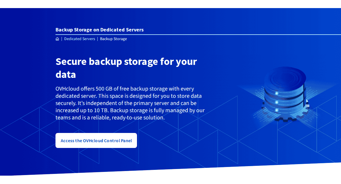 OVHcloud backup storage page describing separate backup storage