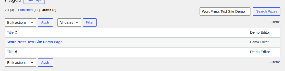 Draft page in a separate WordPress staging copy