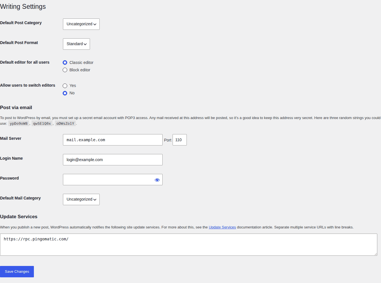 WordPress writing settings showing plugin-related settings after update