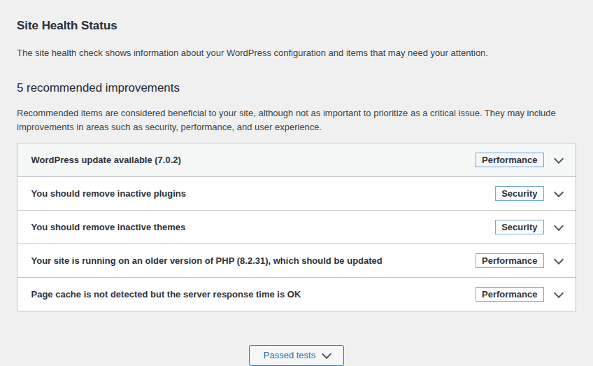 WordPress Site Health status screen for post-repair diagnostics