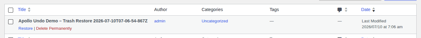 WordPress Trash list showing the Restore action