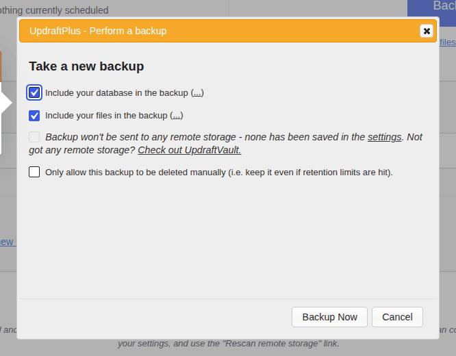 UpdraftPlus Backup Now dialog with file and database choices