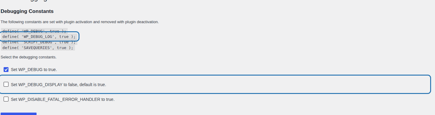 WP Debugging plugin controls for debug display and logging settings