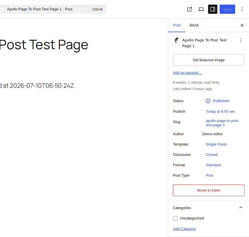 Converted post editor showing categories and post settings to review