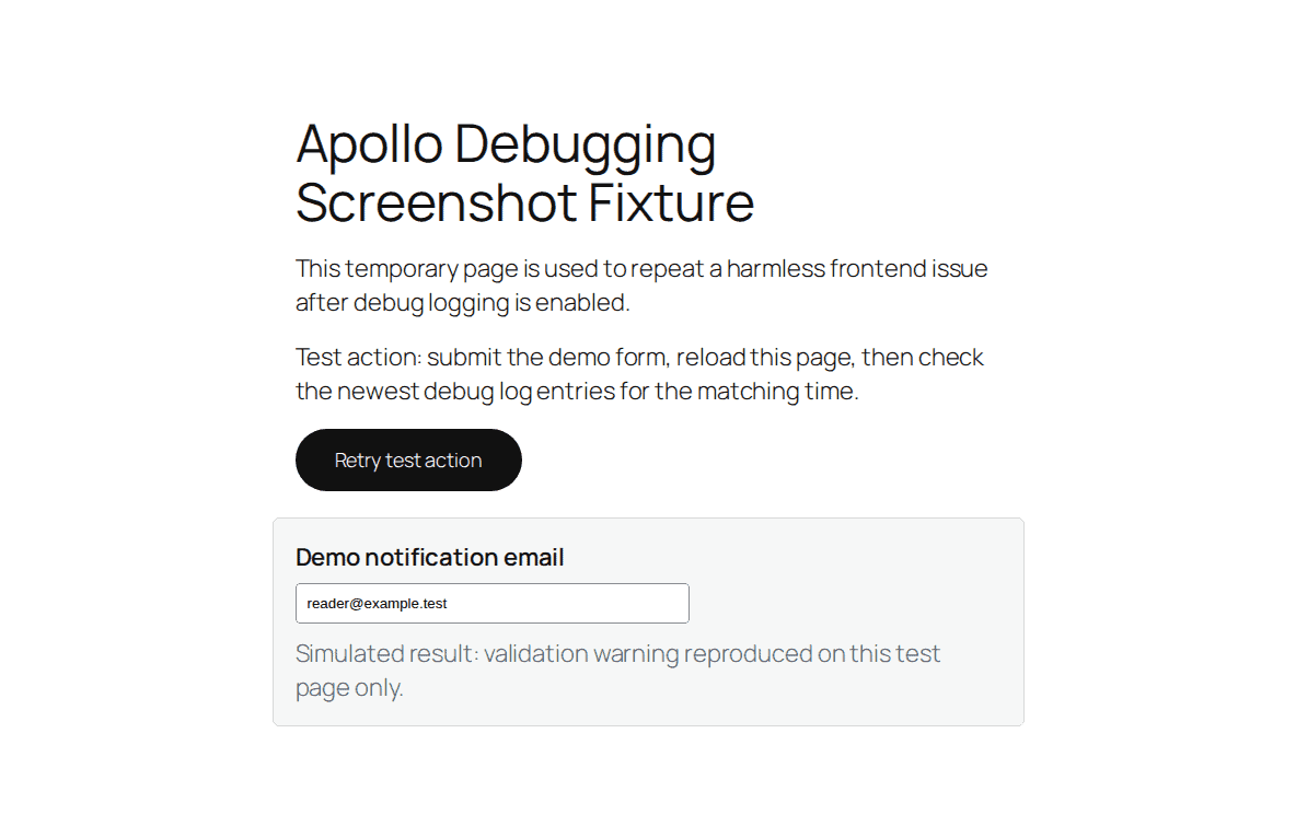 Frontend test page used to recreate a WordPress error