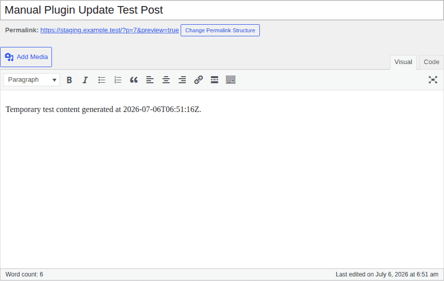 Post editor opened as a post-update smoke test