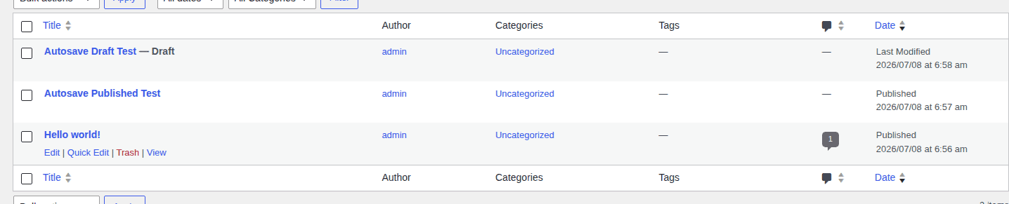 WordPress posts list with draft and published autosave test posts