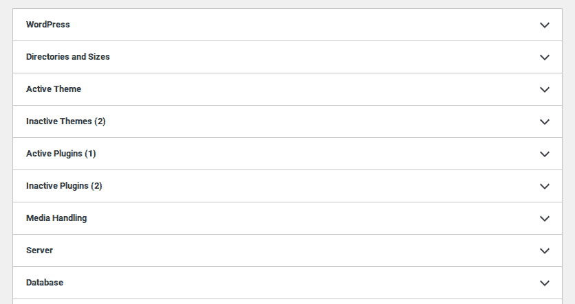 WordPress Site Health info sections for server and database checks