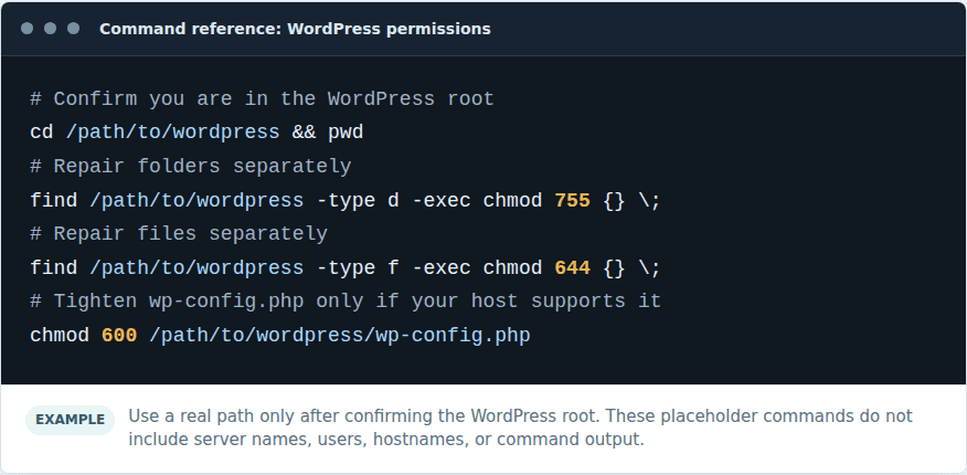 Terminal-style reference for WordPress chmod folder and file commands
