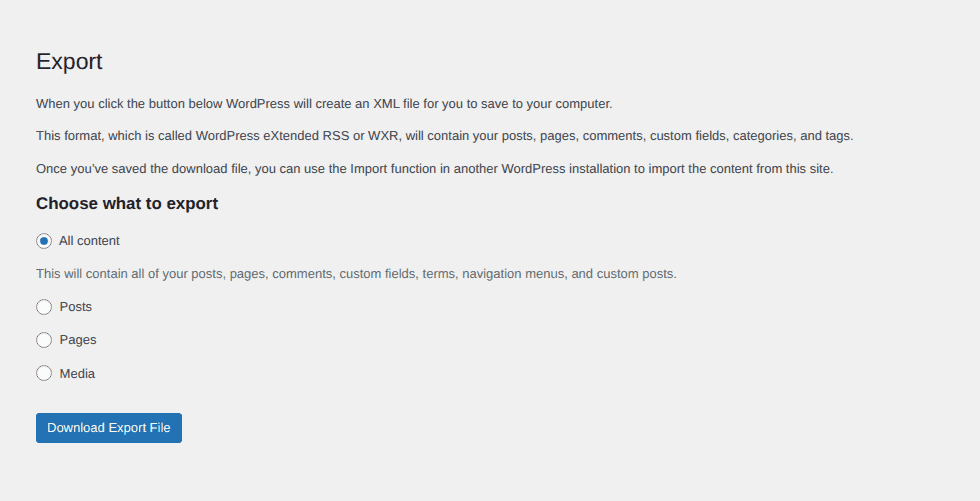 WordPress Export screen for preserving content before database repair