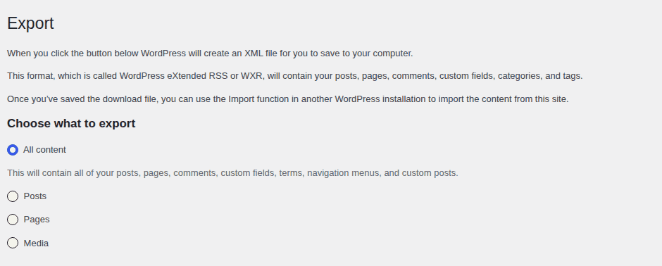 WordPress export screen showing content options including pages