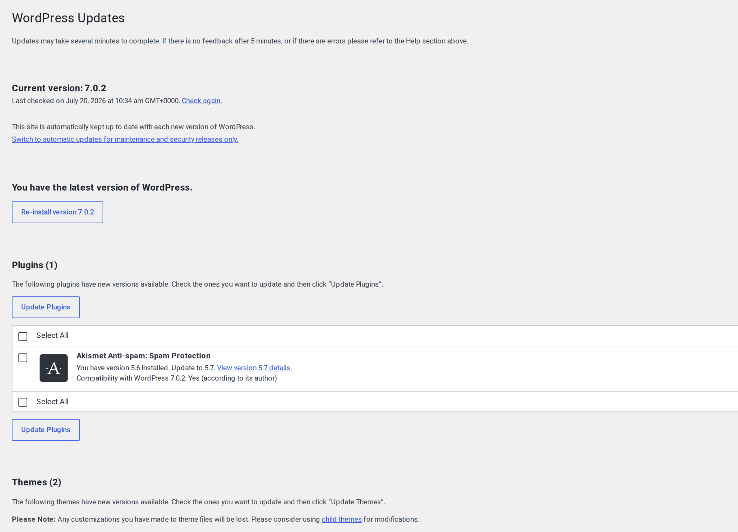 WordPress updates screen to review on staging before production