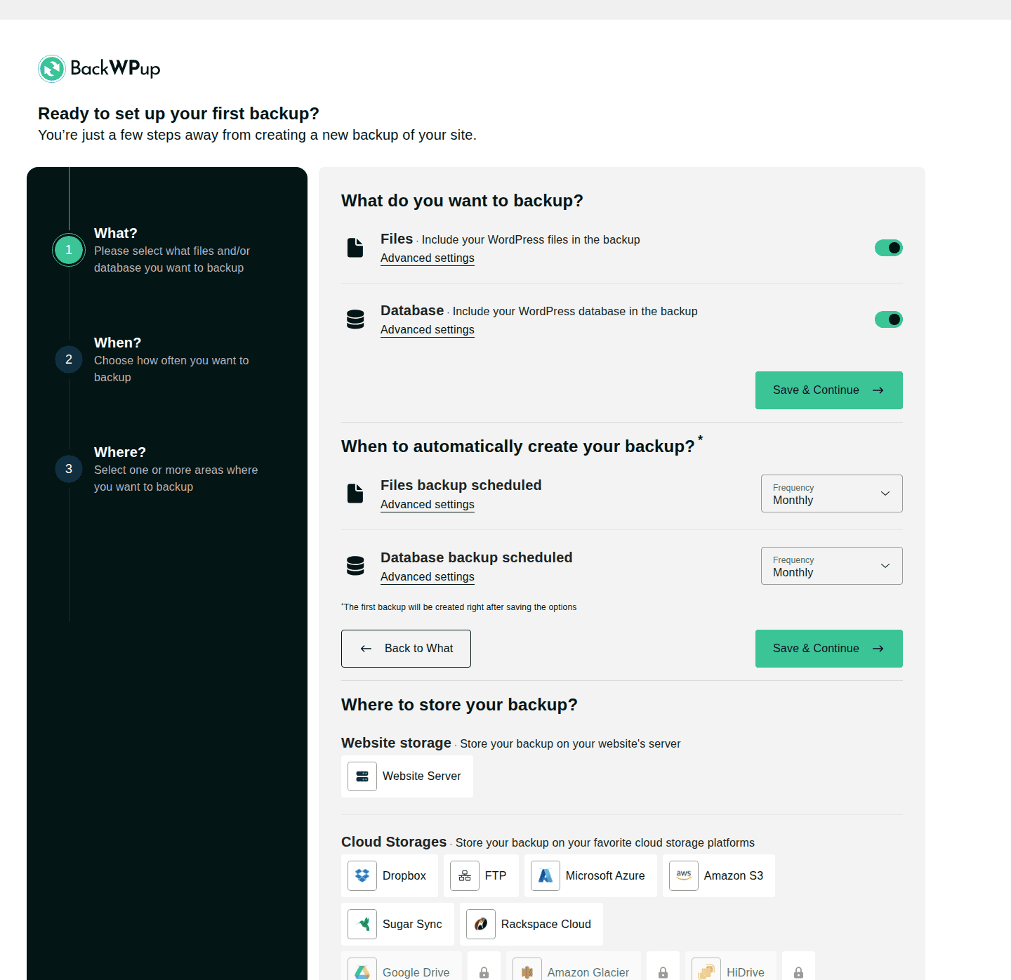 BackWPup onboarding screen with Dropbox destination option