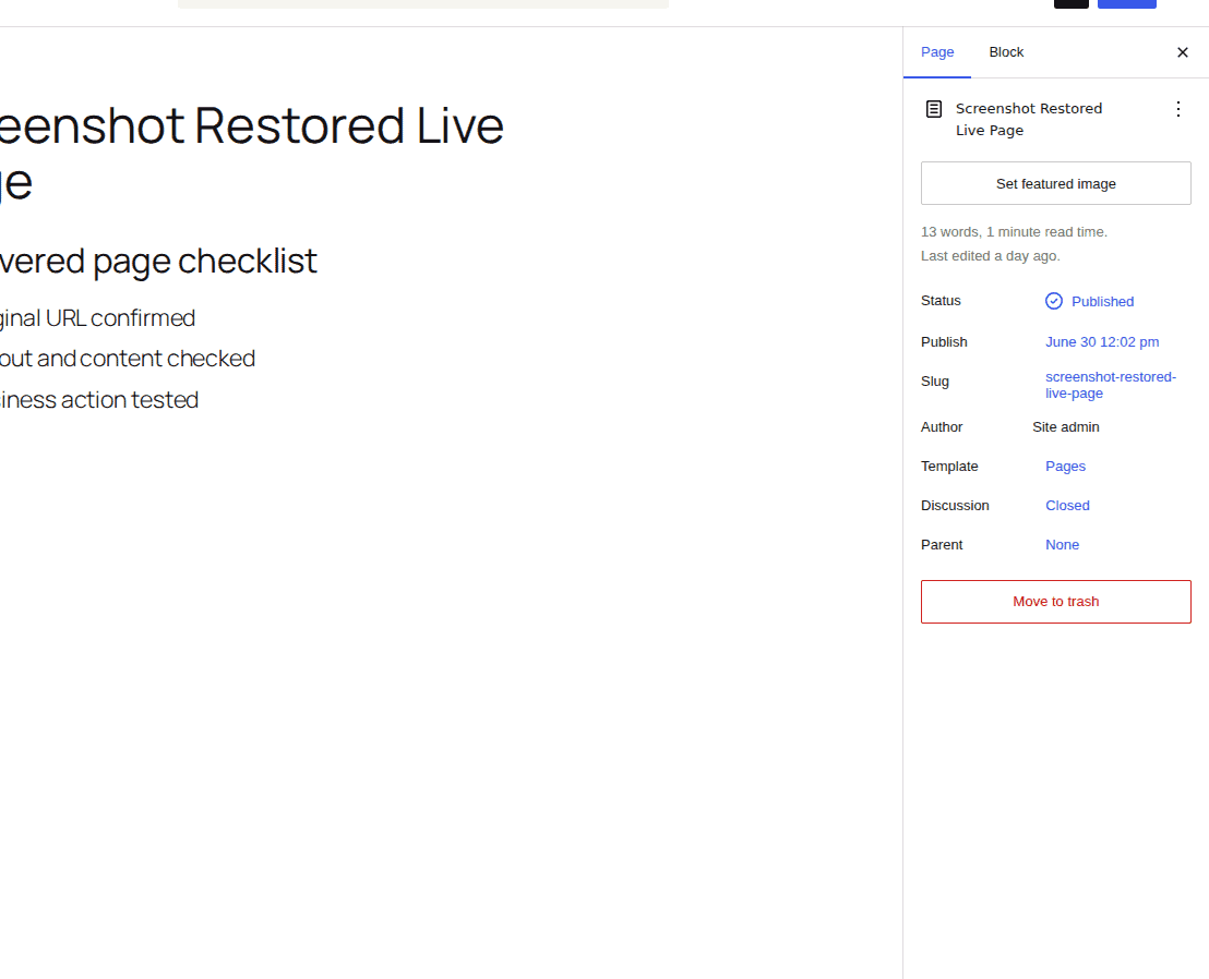 WordPress page settings sidebar with slug status and template details