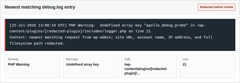 Redacted WordPress debug log entry with severity path and line number