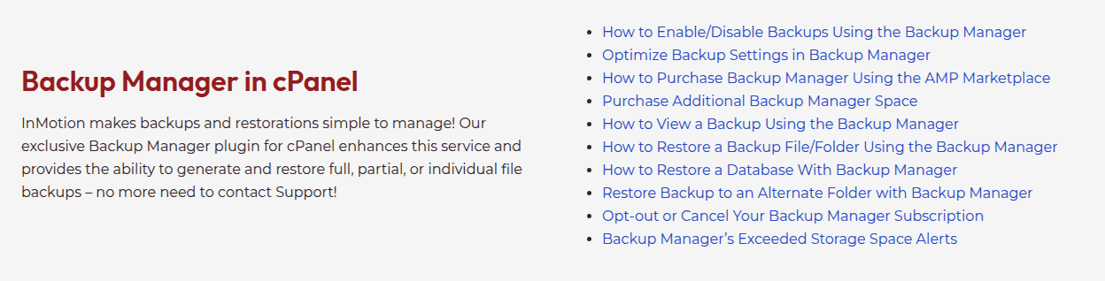 InMotion Hosting support page for backups and restorations