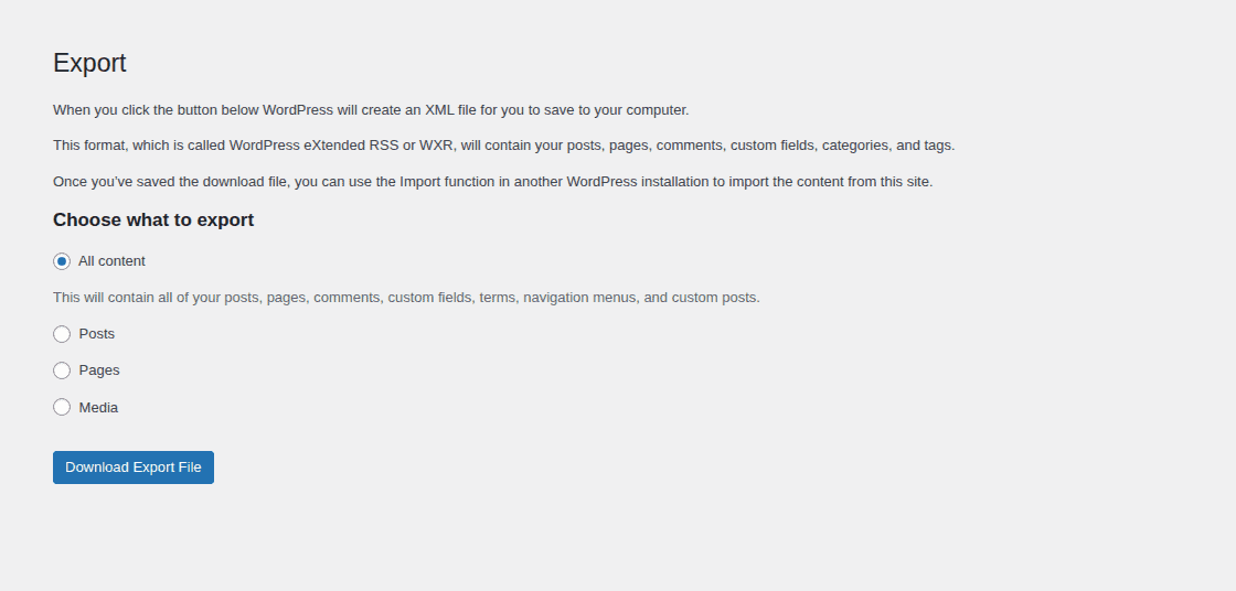WordPress export screen for downloading a limited content copy