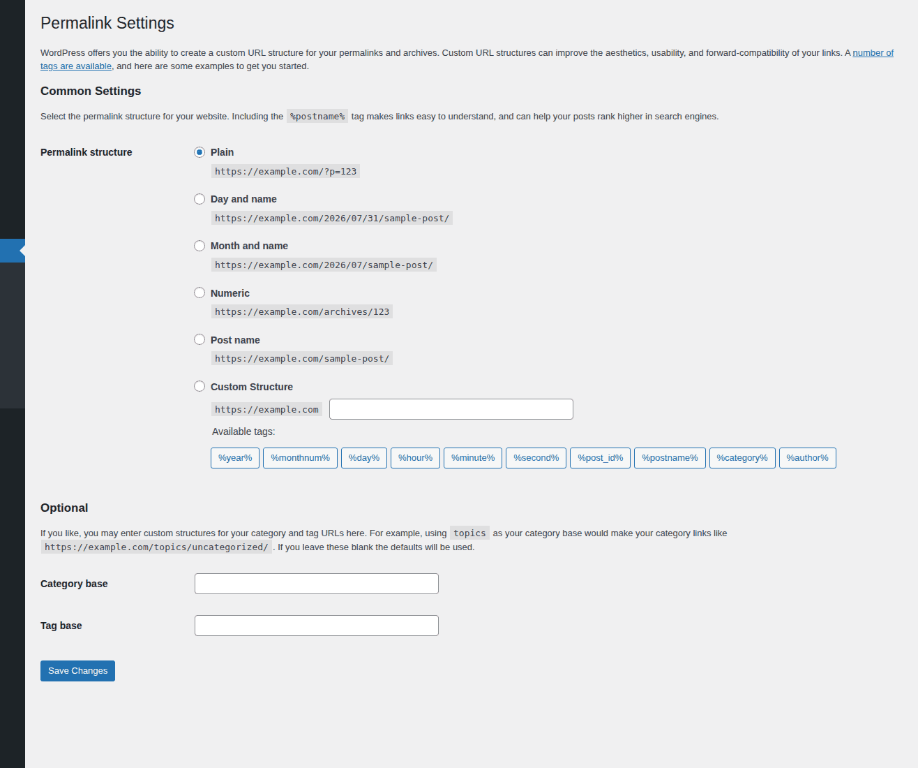 WordPress permalink settings where htaccess may be updated