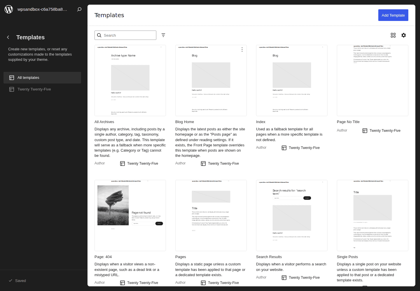 WordPress Site Editor templates for local development