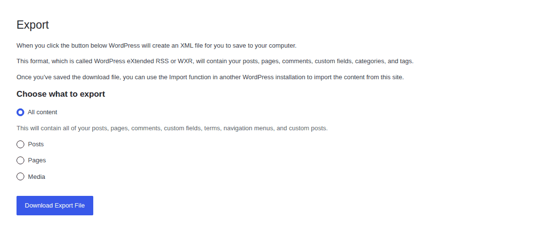 WordPress export tool as part of manual staging preparation
