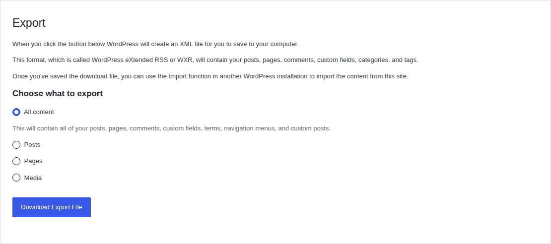 WordPress export tool for manual backup context