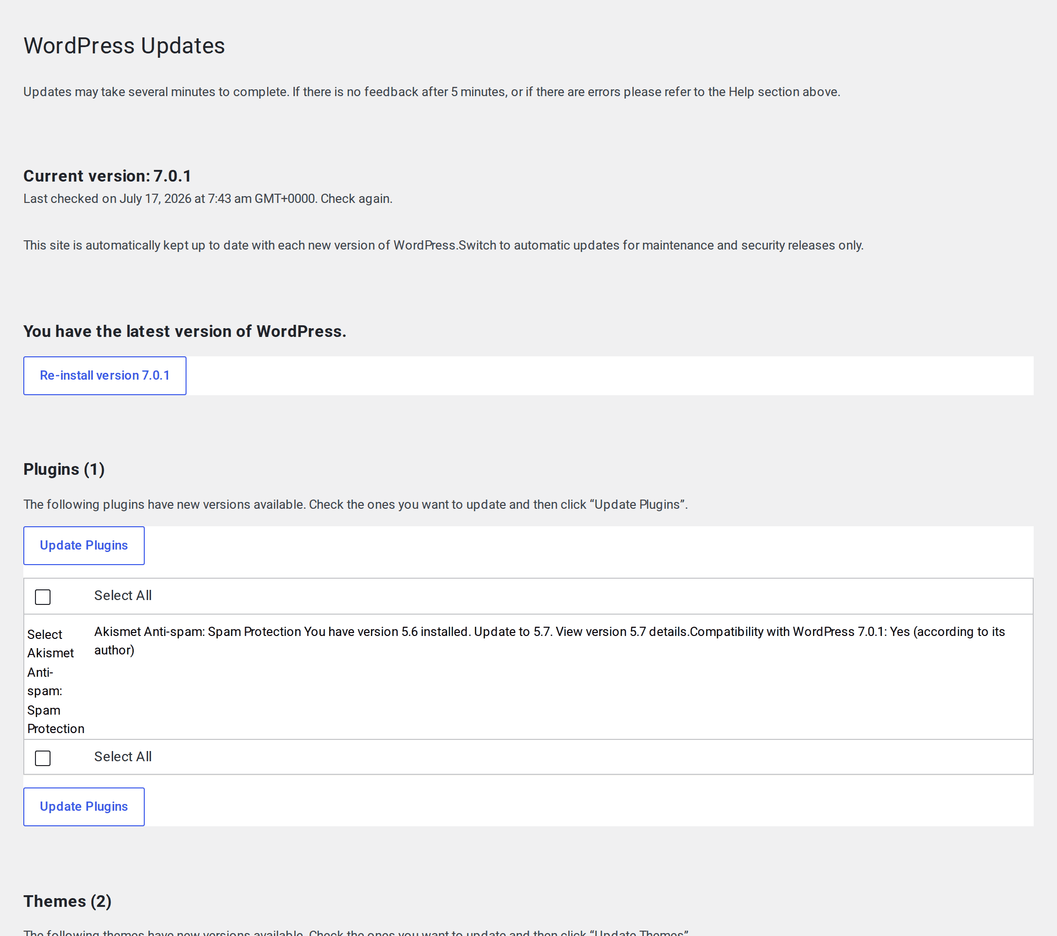 WordPress updates screen used to sequence production changes