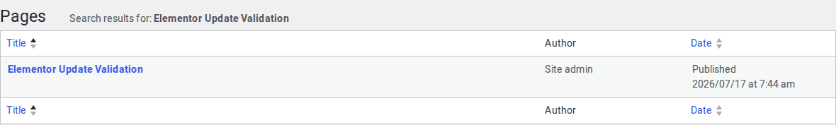WordPress pages list showing an Elementor validation page