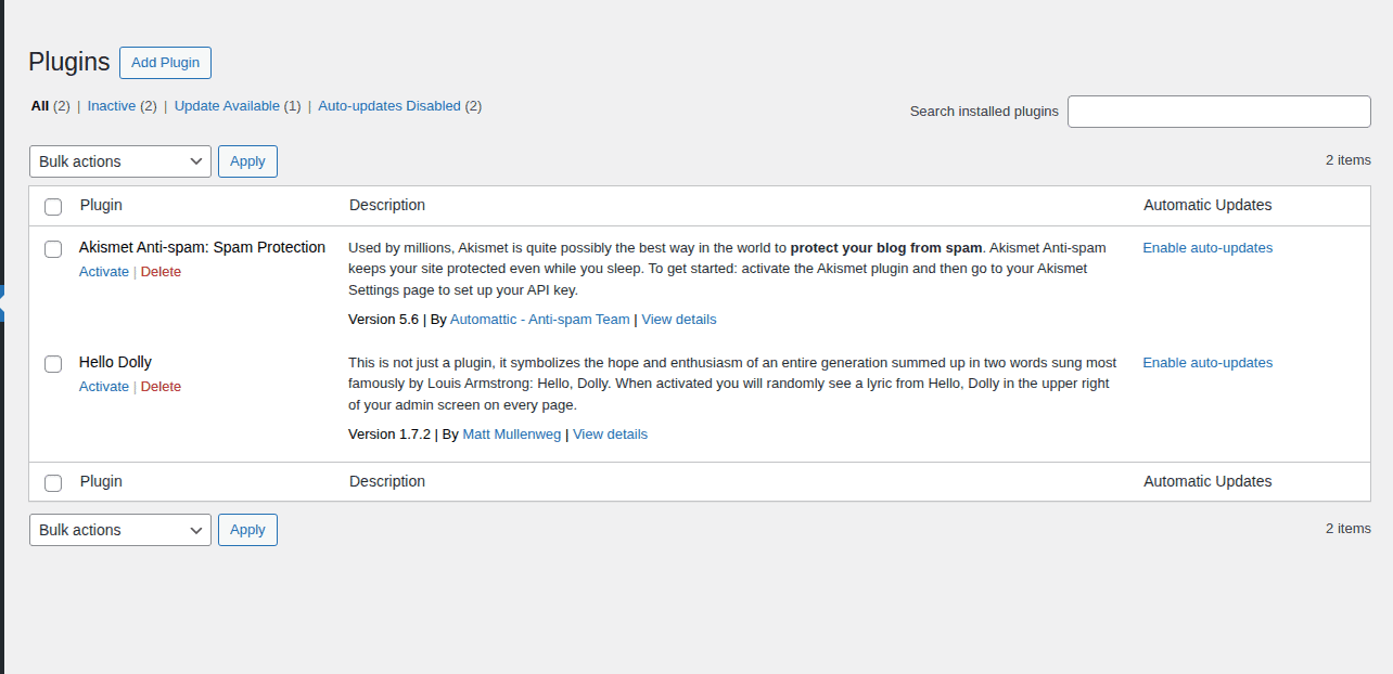 WordPress plugins screen where update permission issues can surface