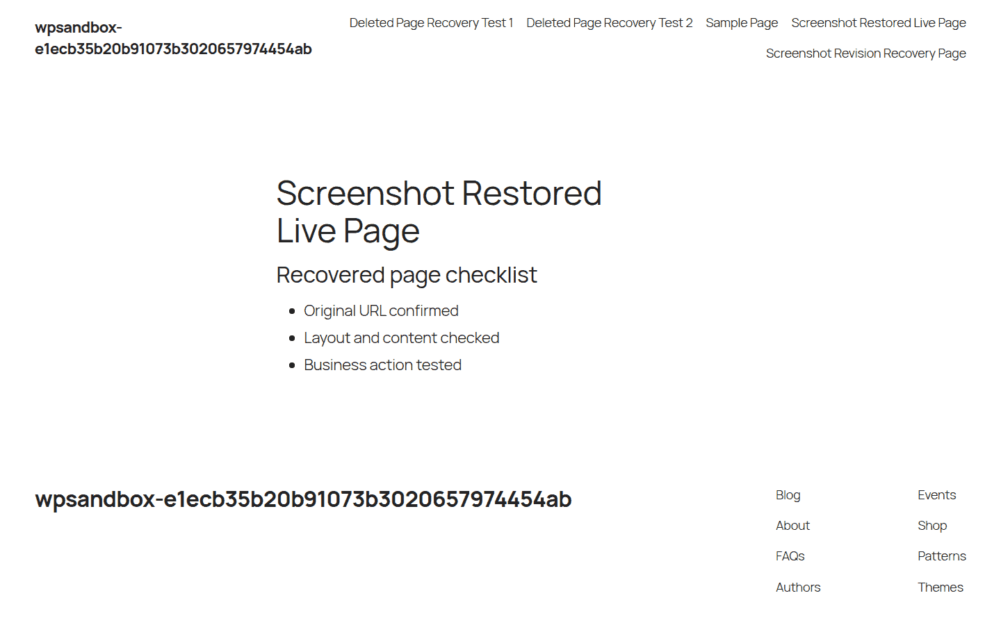 Recovered WordPress page viewed on the frontend after rebuilding content