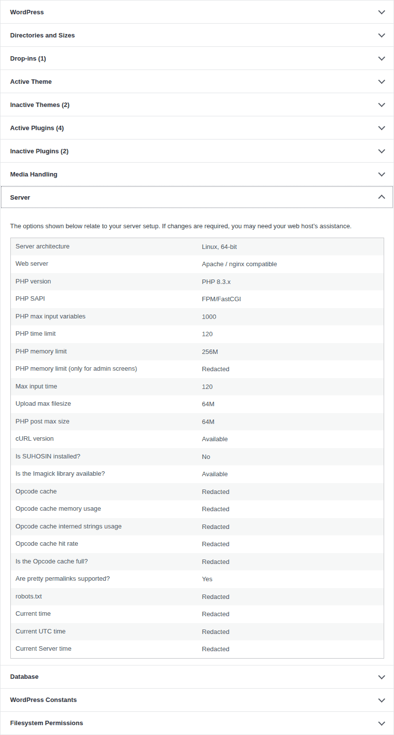WordPress Site Health server details for debugging host issues