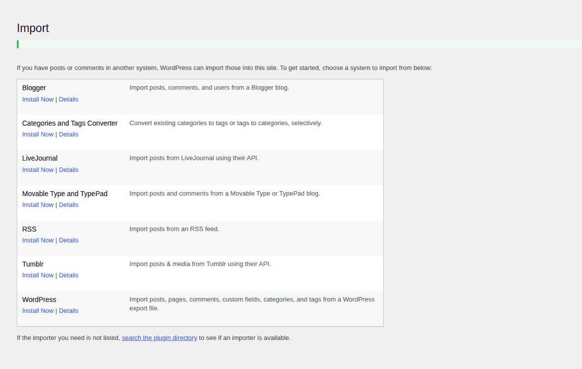 WordPress import tools on a clean destination site