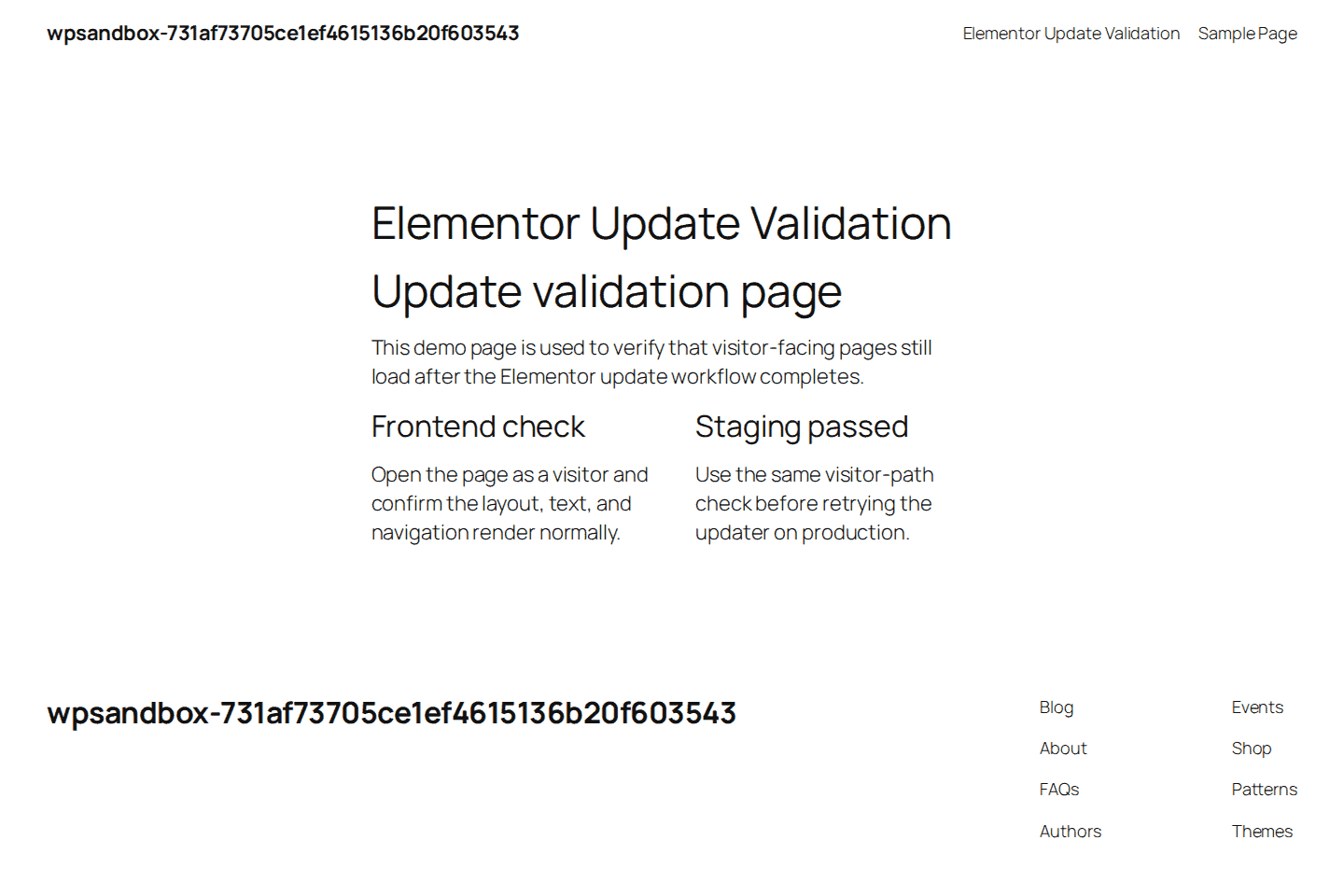 Frontend validation page after an Elementor update check