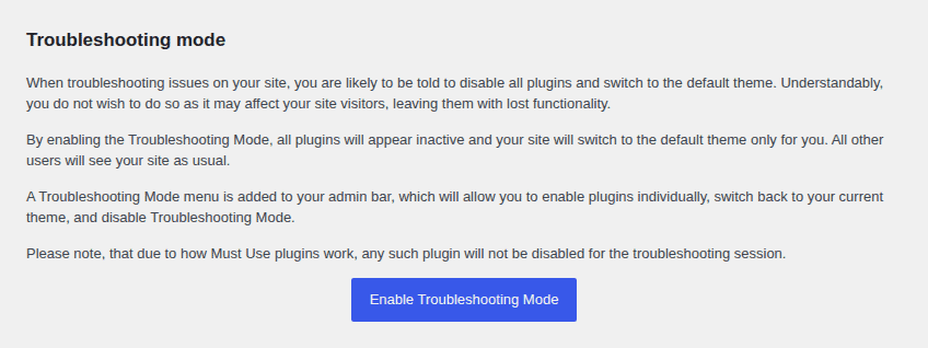 Health Check troubleshooting mode for isolating WordPress conflicts