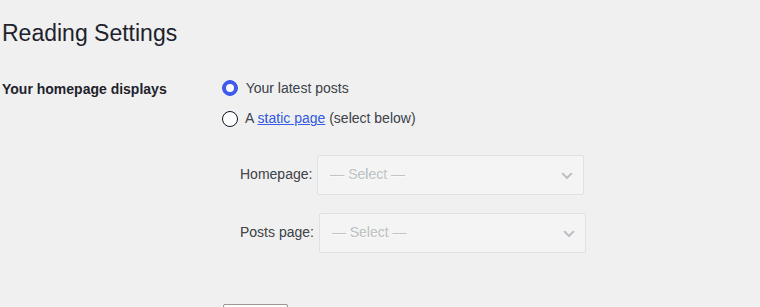 WordPress Reading settings showing homepage display controls