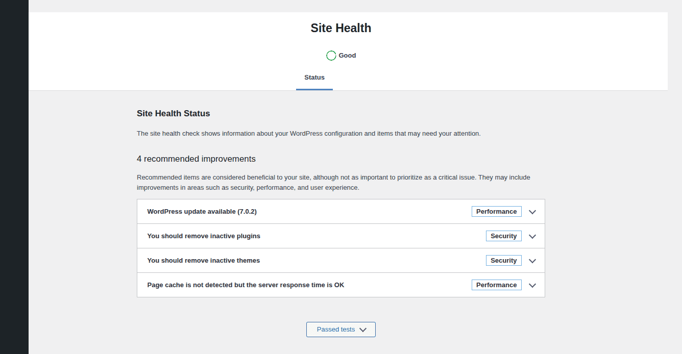 WordPress Site Health status screen for post-permission diagnostics